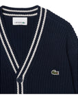 Cardigan blu ad intarsio con patch logo Lacoste