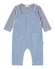 Completo 2 pezzi azzurro con t-shirt rigata e salopette Nanan