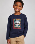 T-shirt blu manica lunga con stampa logo Timberland frontale