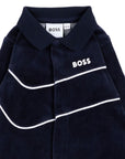 Tutina in ciniglia blu con logo Boss stampato frontale