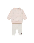 Completo felpa rosa e leggings bianco con ricami e patch logo Moncler