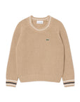 Maglione beige ad intarsio con patch logo Lacoste