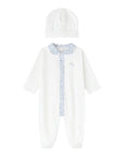 Tutina e cappello bianco in jersey e tessuto Liberty azzurro Nanan