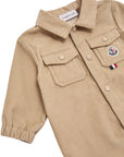 Tutina in velluto beige con dettaglio logo Moncler cucito frontale