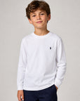 T-shirt bianca manica lunga con logo Ralph Lauren cucito blu