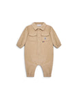 Tutina in velluto beige con dettaglio logo Moncler cucito frontale