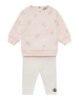 Completo felpa rosa e leggings bianco con ricami e patch logo Moncler