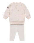 Completo felpa rosa e leggings bianco con ricami e patch logo Moncler