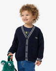 Cardigan blu ad intarsio con patch logo Lacoste