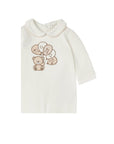 Tutina in ciniglia bianca con patch orsetto con palloncini e logo Nanan frontale