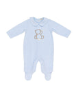 Tutina in ciniglia azzurra con patch orsetto e logo Le Bebé frontale