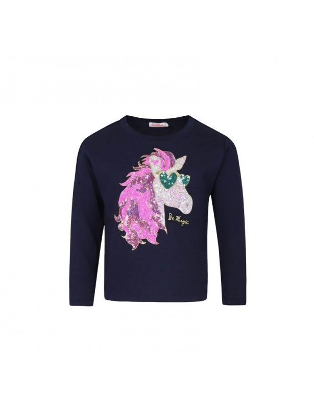 T shirt manica lunga blu con unicorno di paillettes Billieblush
