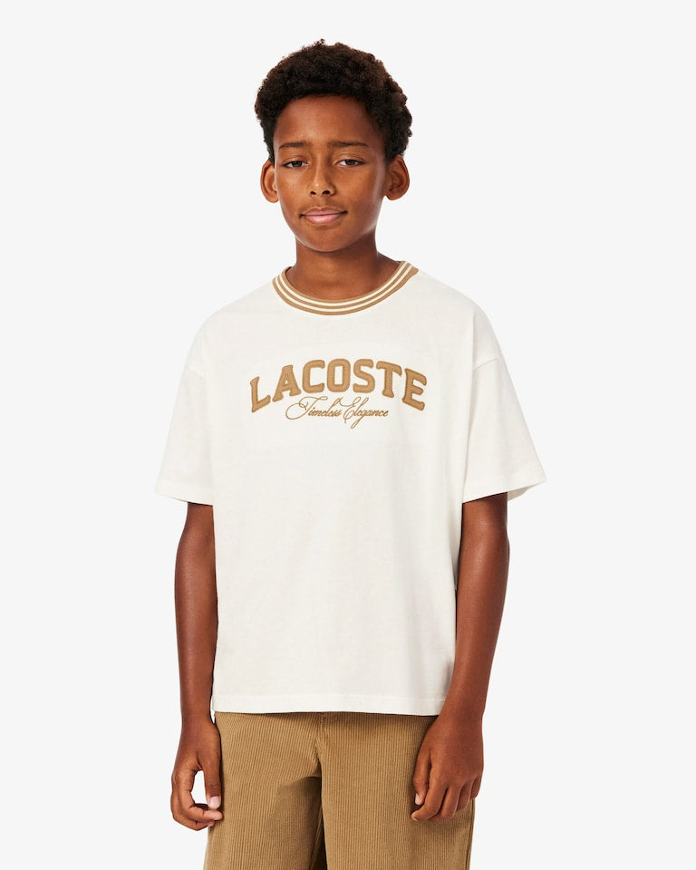 T-shirt bianca con patch logo Lacoste scritto frontale