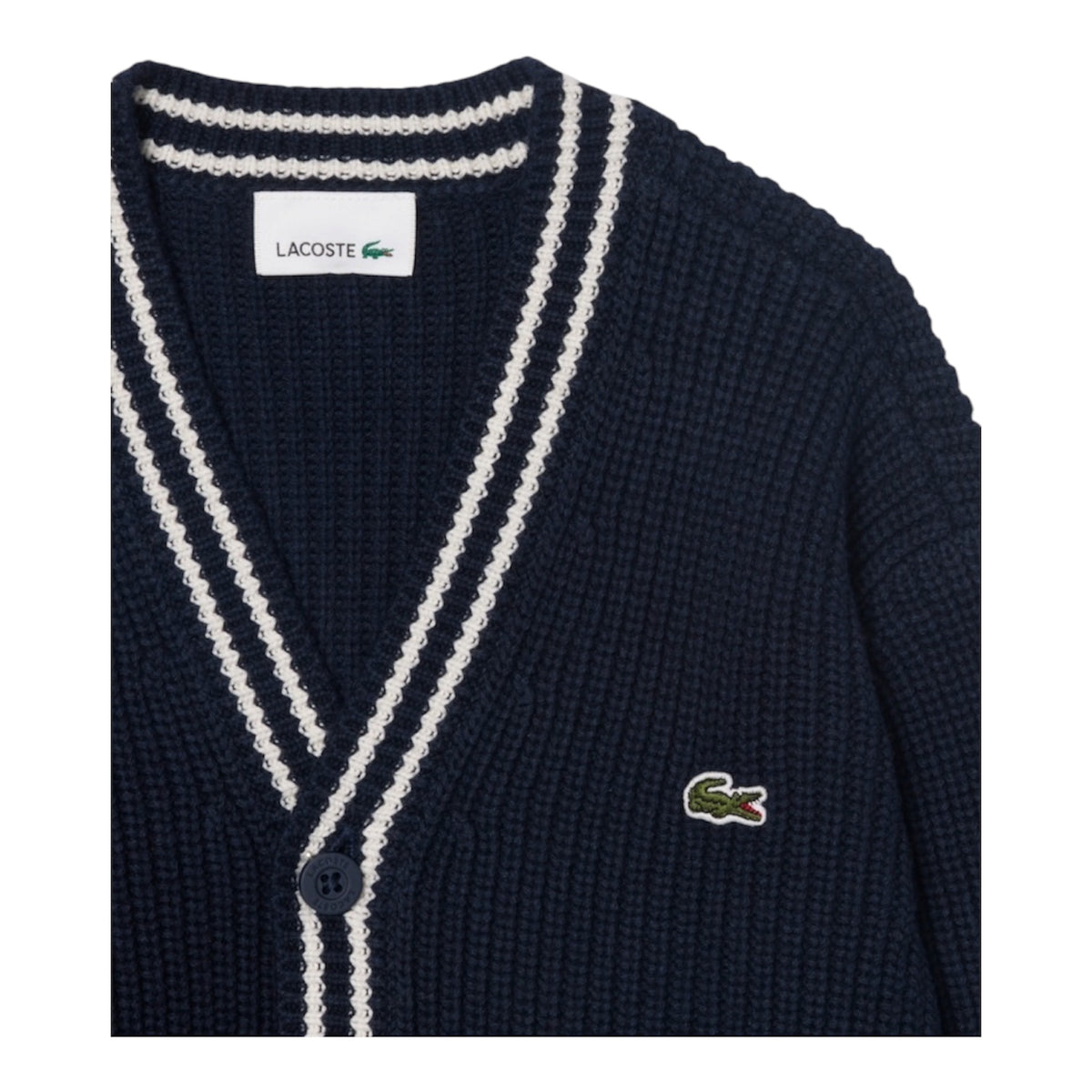 Cardigan blu ad intarsio con patch logo Lacoste