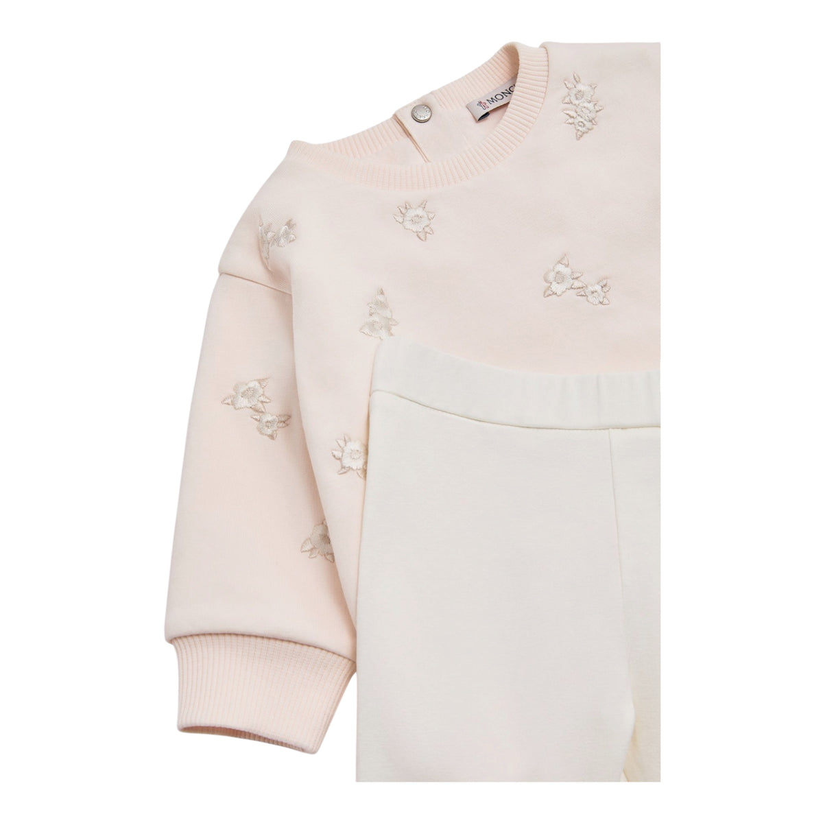 Completo felpa rosa e leggings bianco con ricami e patch logo Moncler