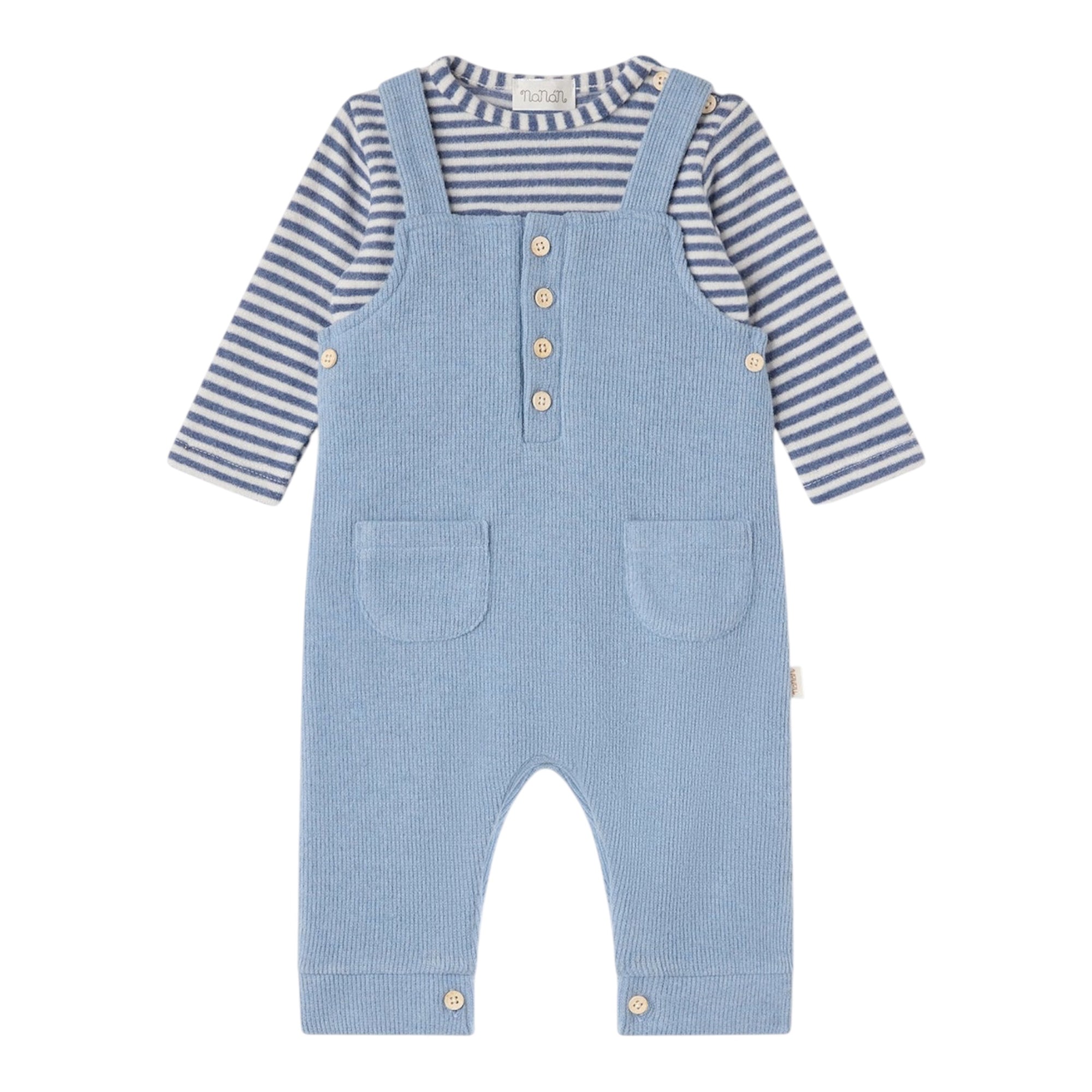 Completo 2 pezzi azzurro con t-shirt rigata e salopette Nanan