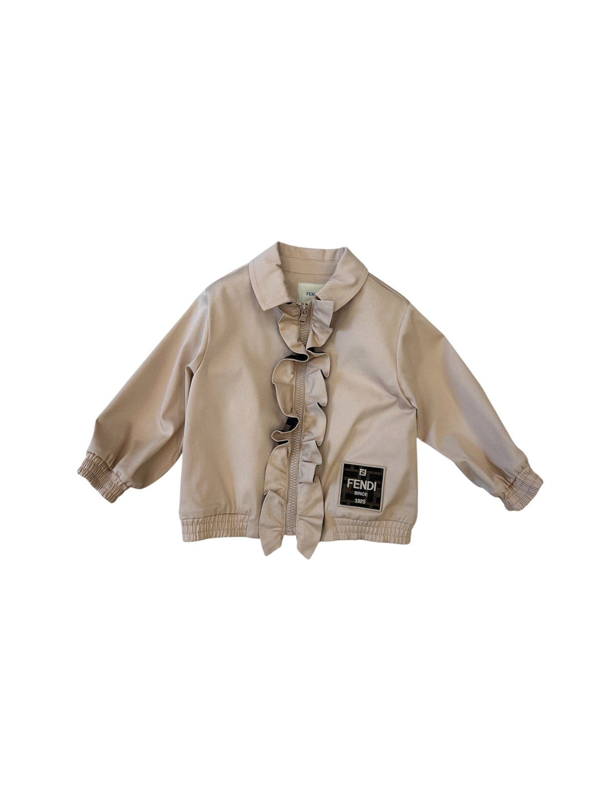 Giacca camicia beige baby con dettagli ruches e logo Fendi