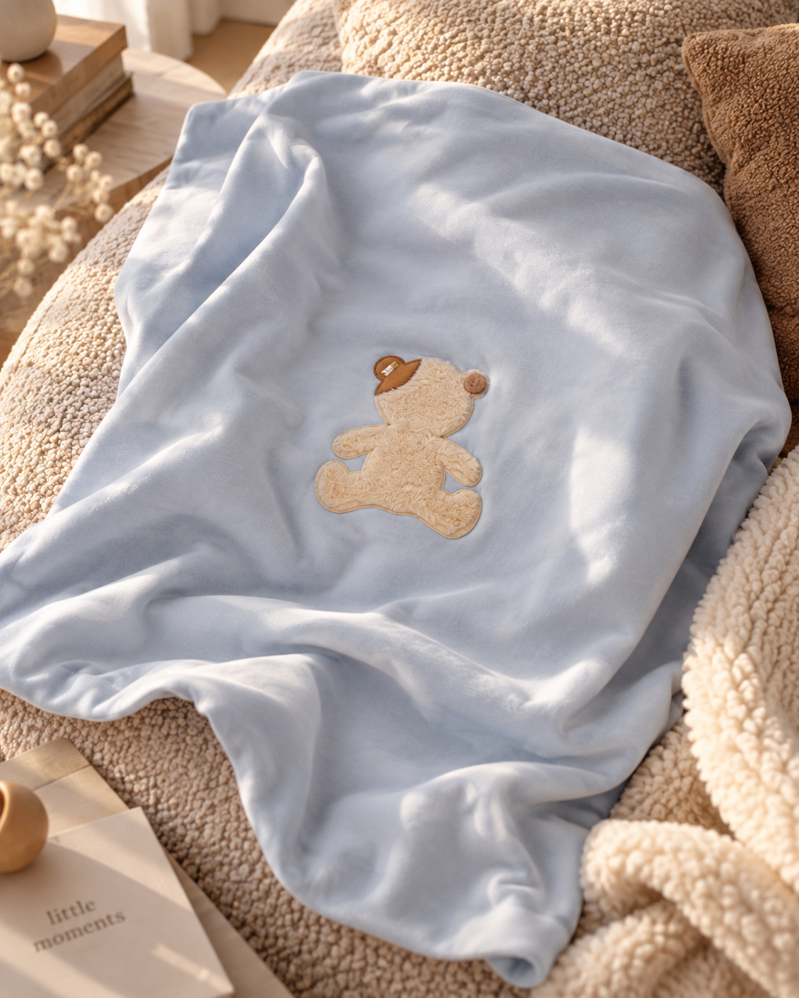 Coperta azzurra e patch orso cucito frontale Le Bebé