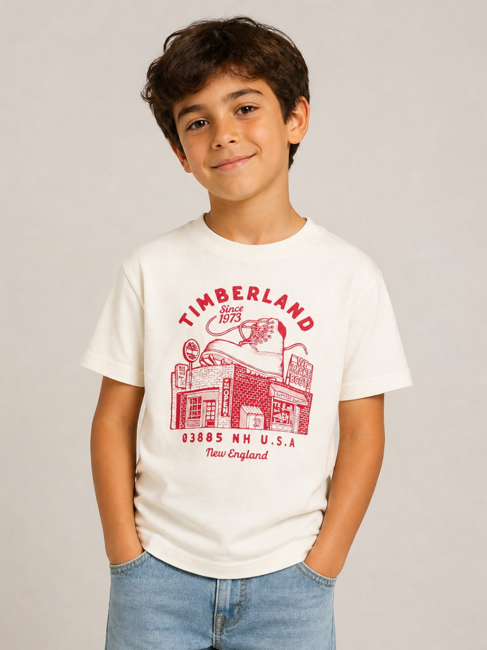 T-shirt panna con stampa logo Timberland a contrasto rossa