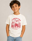 T-shirt panna con stampa logo Timberland a contrasto rossa