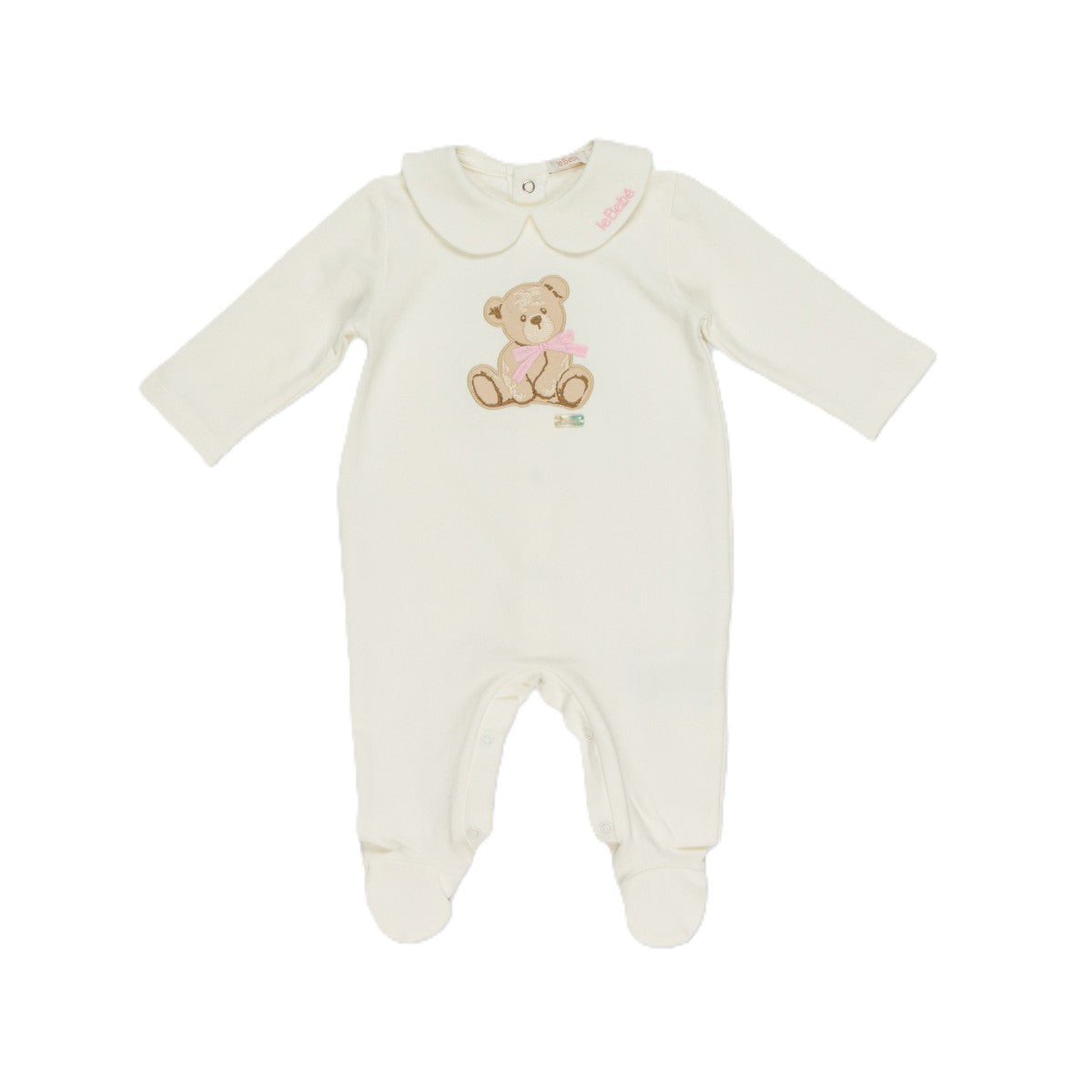 Tutina bianca con patch orsetto e logo Le Bebé frontale rosa