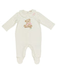 Tutina bianca con patch orsetto e logo Le Bebé frontale rosa