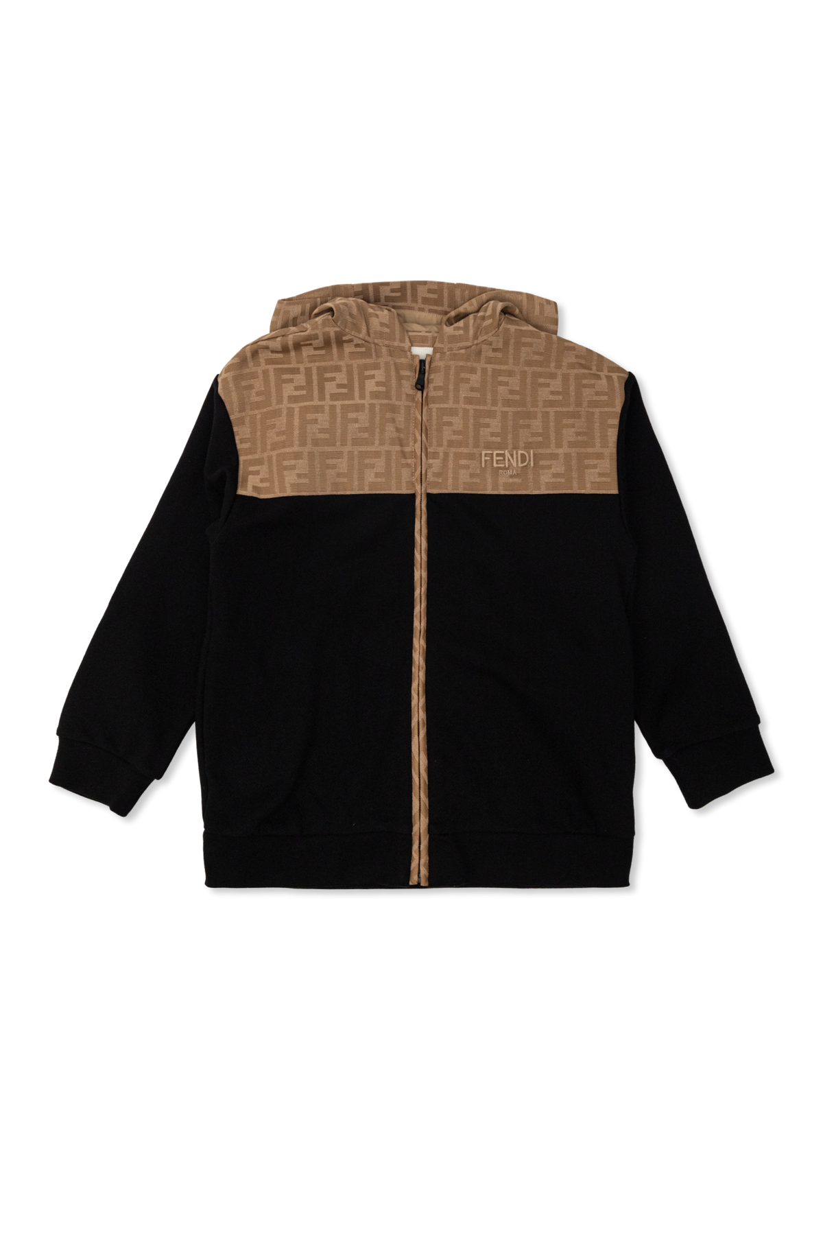 Felpa nera con cappuccio a contrasto beige con logo FF Fendi
