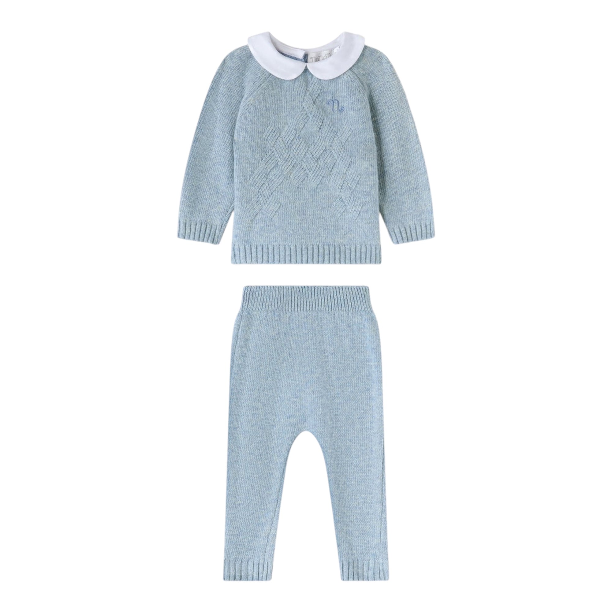 Completo azzurro 2 pezzi in filo misto cashmere con dettagli logo Nanan