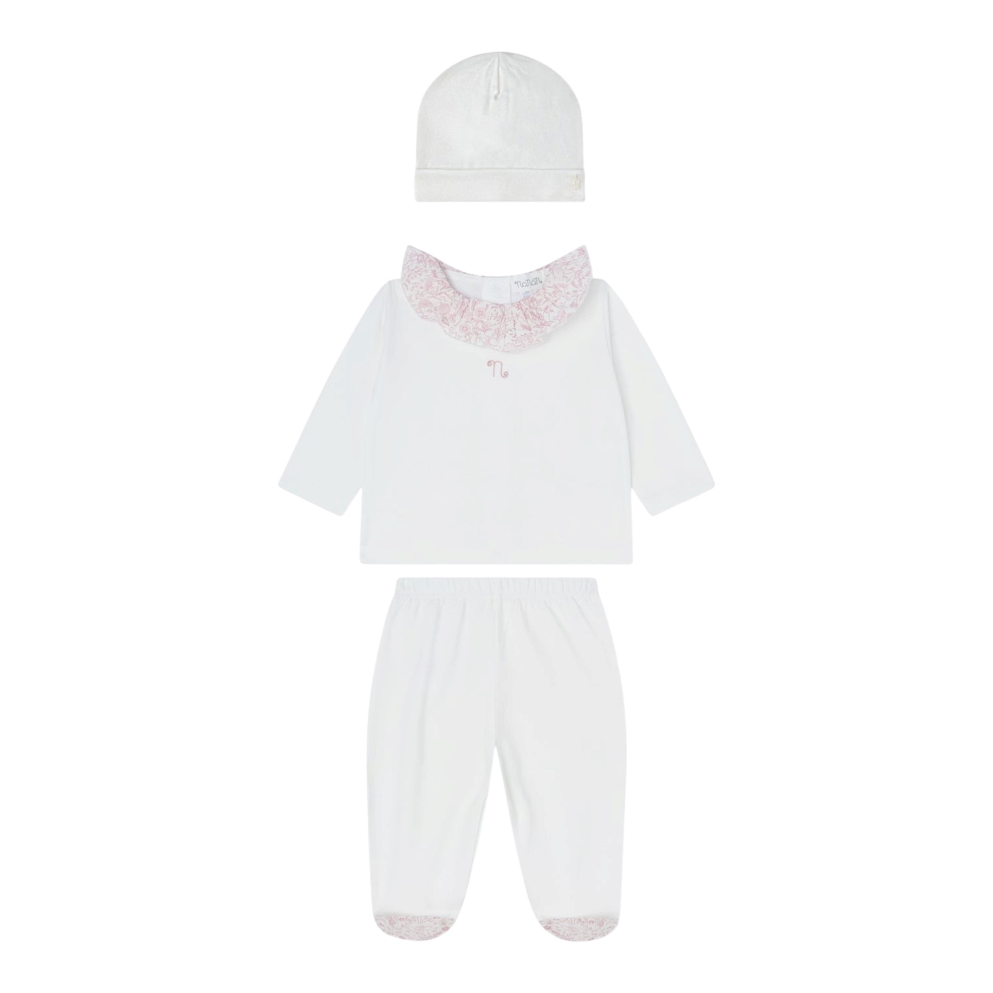 Tutina 2 pezzi e cappello bianco in jersey e tessuto Liberty rosa Nanan