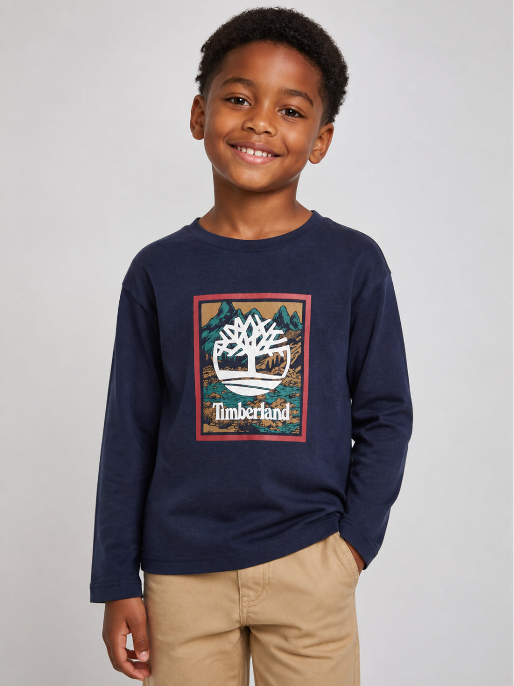 T-shirt blu manica lunga con stampa logo Timberland frontale