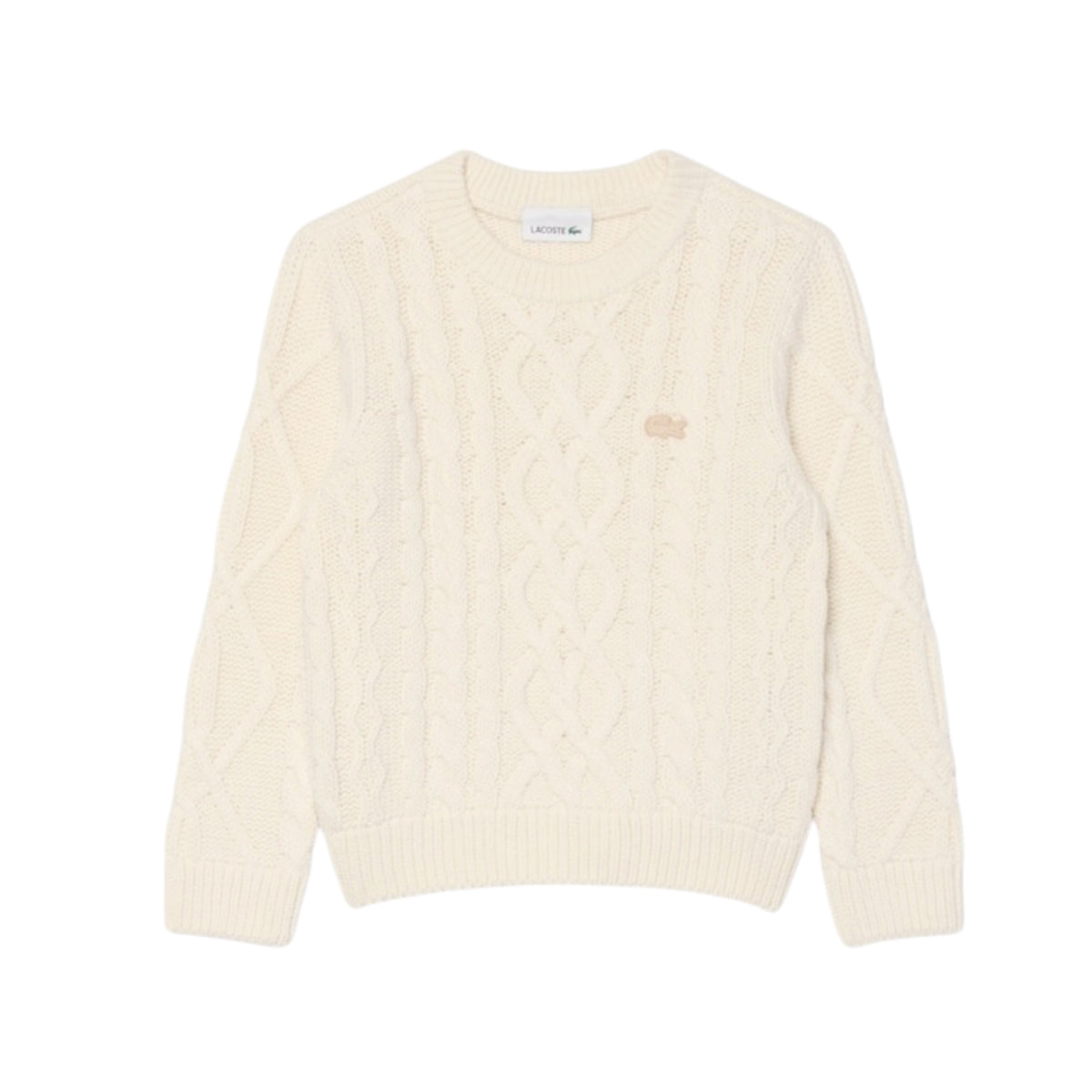 Maglione bianco ad intarsio con trecce e logo Lacoste