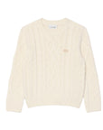 Maglione bianco ad intarsio con trecce e logo Lacoste