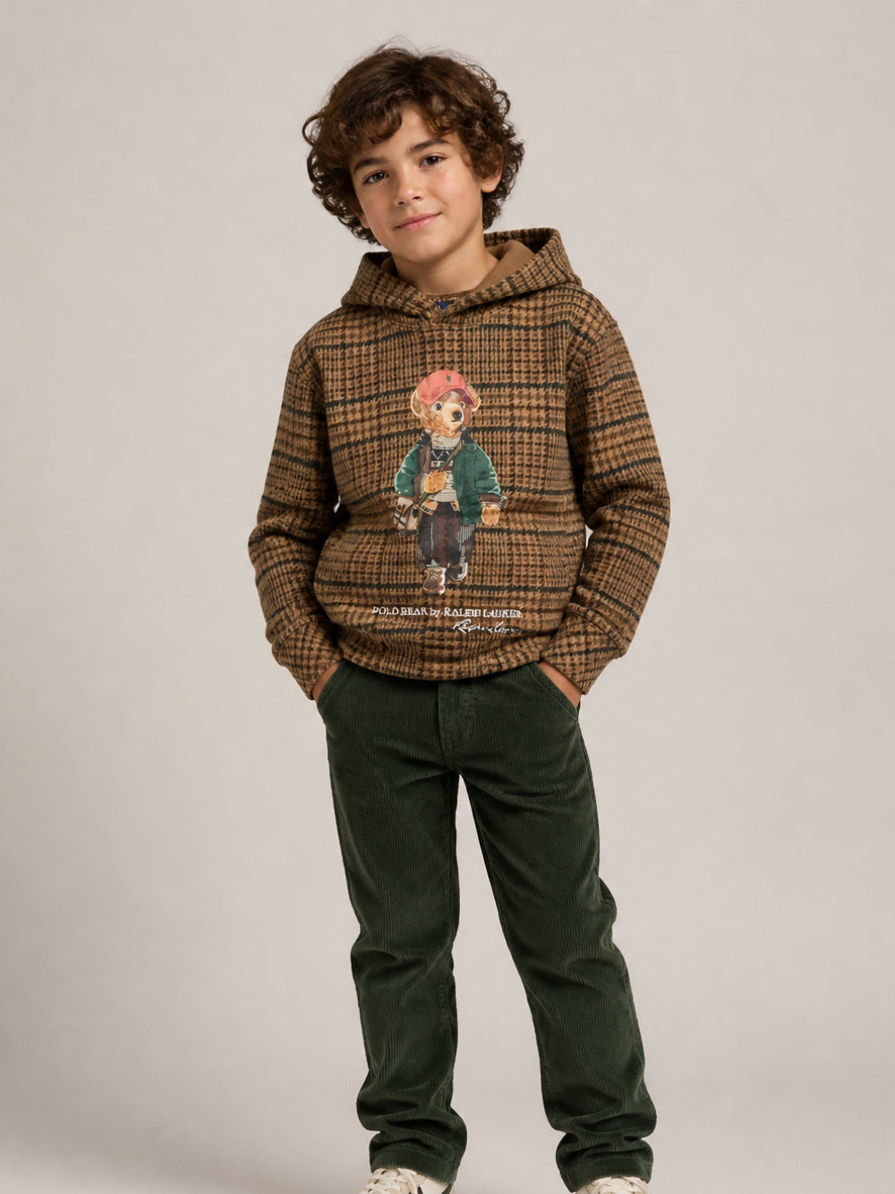 Felpa con cappuccio a fantasia marrone e stampa logo Ralph Lauren