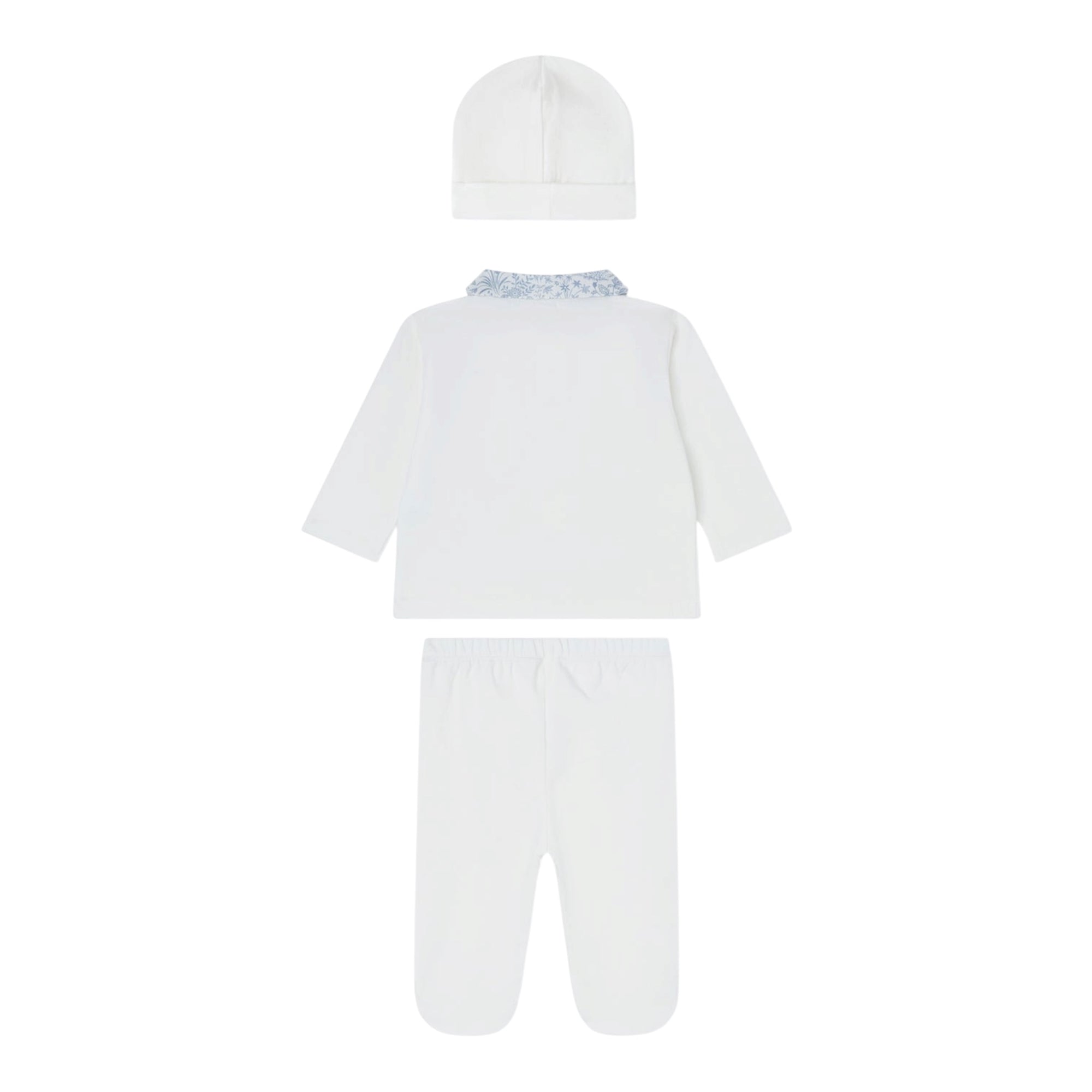 Tutina 2 pezzi e cappello bianco in jersey e tessuto Liberty azzurro Nanan