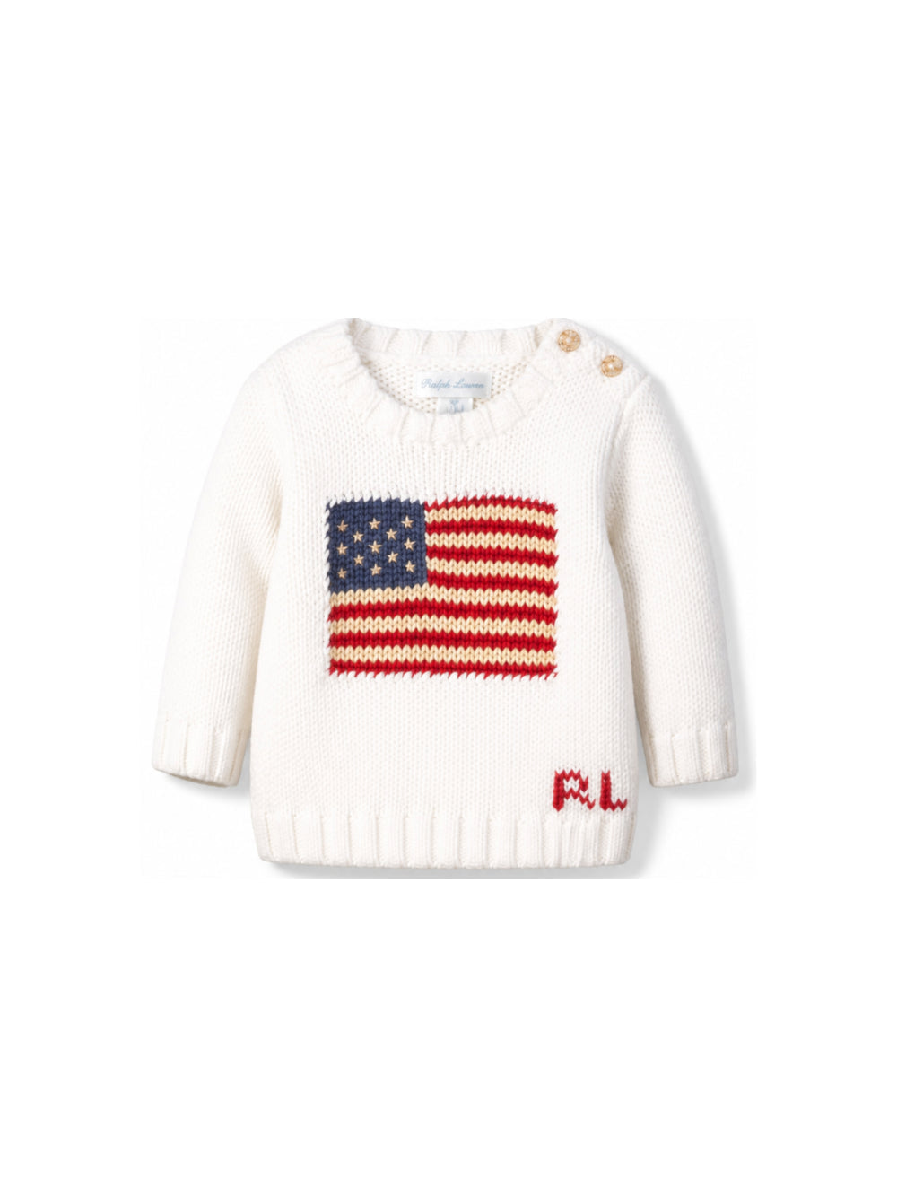Maglione bianco baby con logo Ralph Lauren e bandiera americana frontale