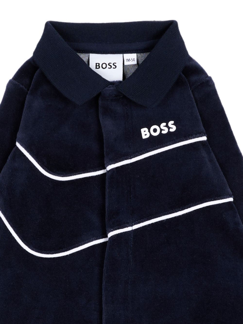 Tutina in ciniglia blu con logo Boss stampato frontale