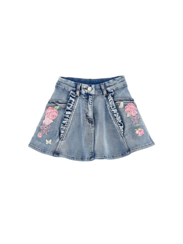 Gonna di jeans blu con dettagli fiori cuciti Monnalisa