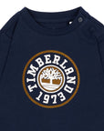 T-shirt blu manica lunga baby con stampa logo Timberland frontale