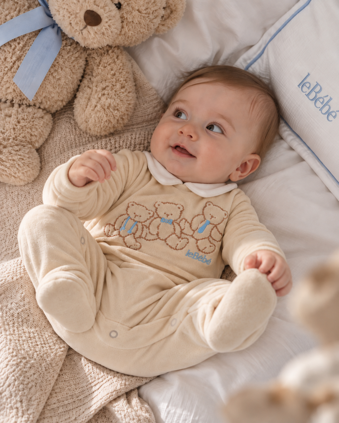 Tutina in ciniglia beige con orsetti e logo Le Bebé cuciti frontale