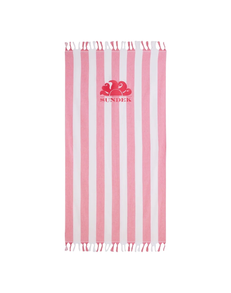 Telo mare a righe bianco e rosa con logo cucito Sundek