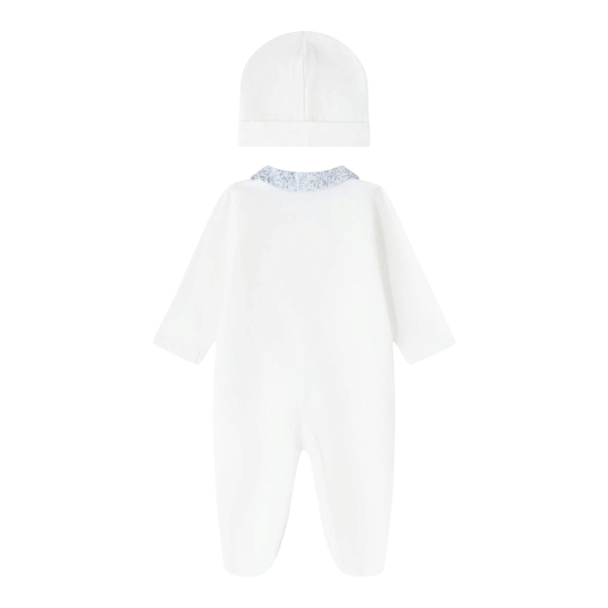 Tutina e cappello bianco in jersey e tessuto Liberty azzurro Nanan