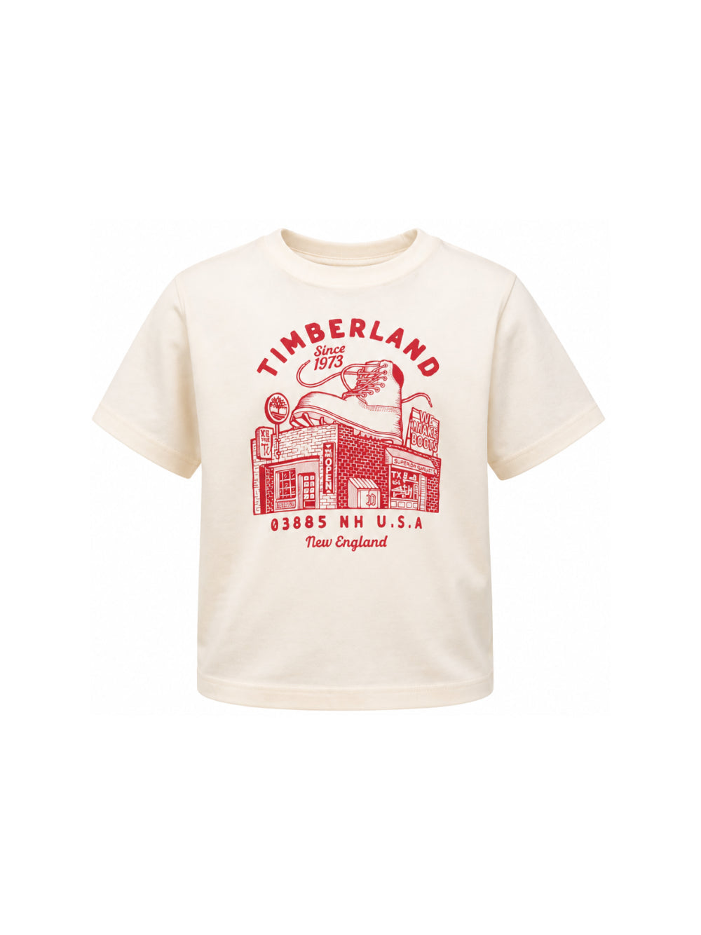 T-shirt panna con stampa logo Timberland a contrasto rossa
