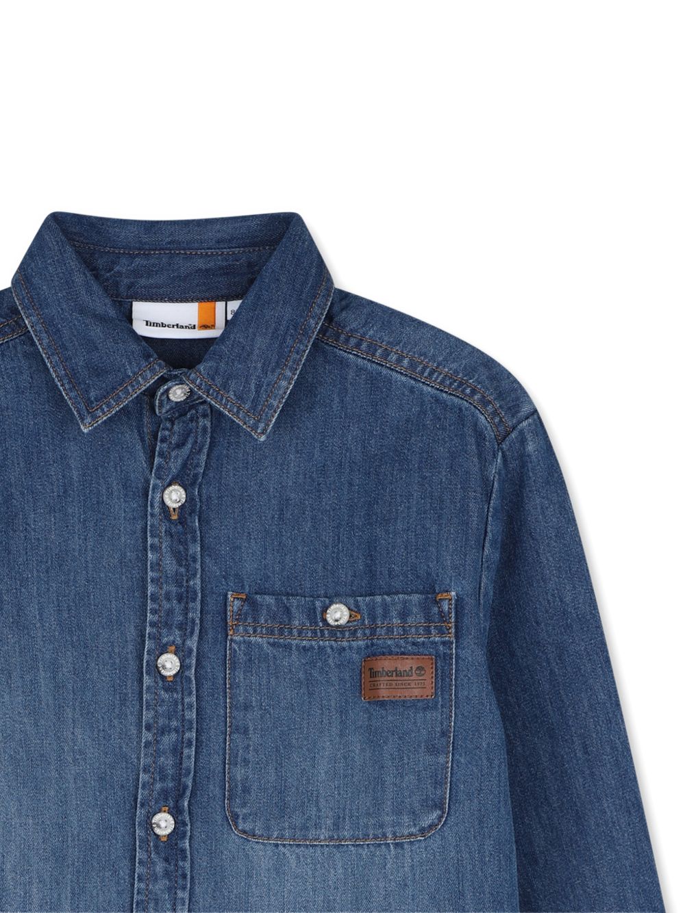 Camicia in jeans blu con patch logo Timberland cucito frontale