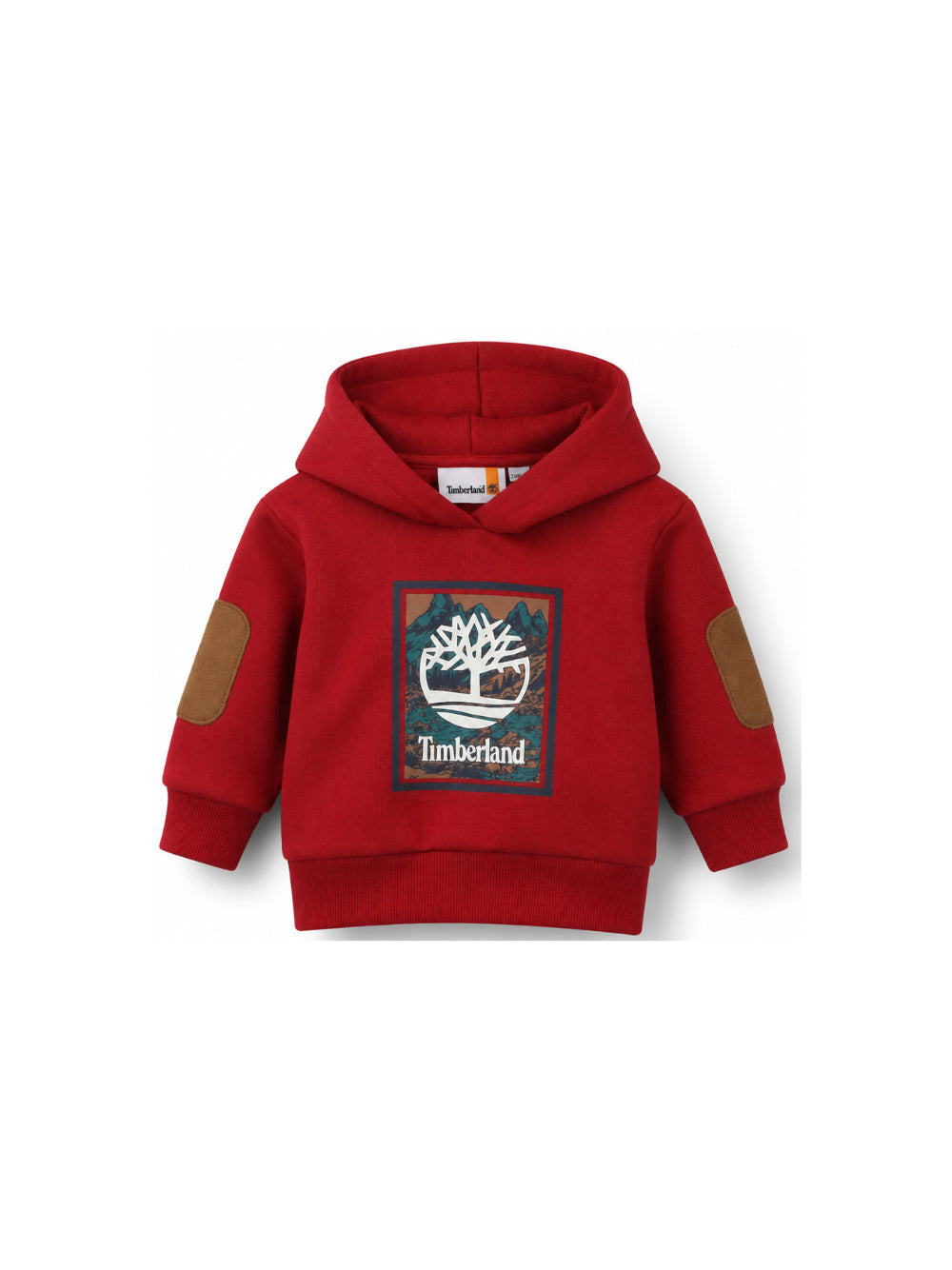 Felpa rossa con cappuccio baby e stampa logo Timberland frontale