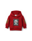 Felpa rossa con cappuccio baby e stampa logo Timberland frontale
