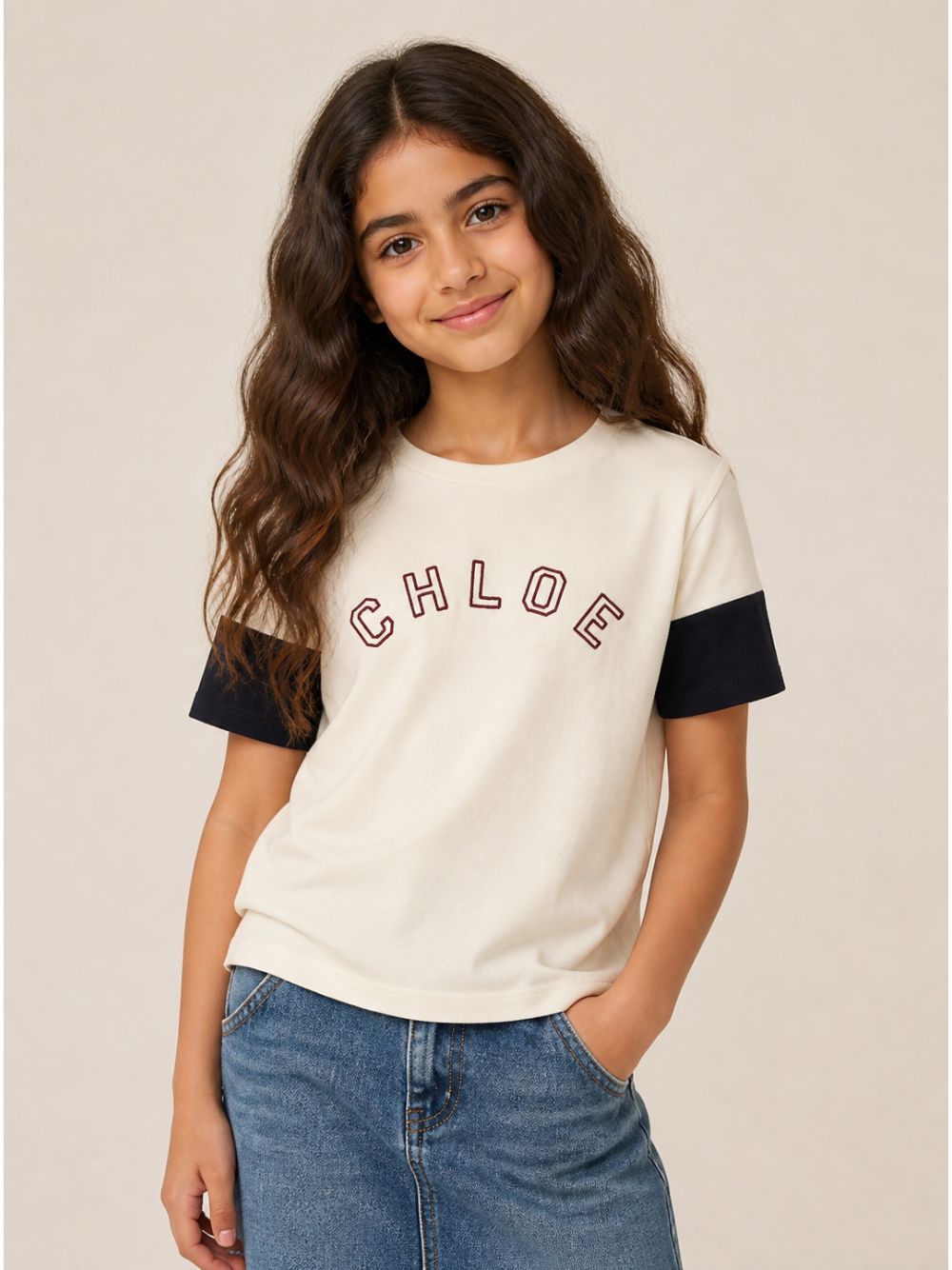 T-shirt panna con logo Chloé cucito a contrasto