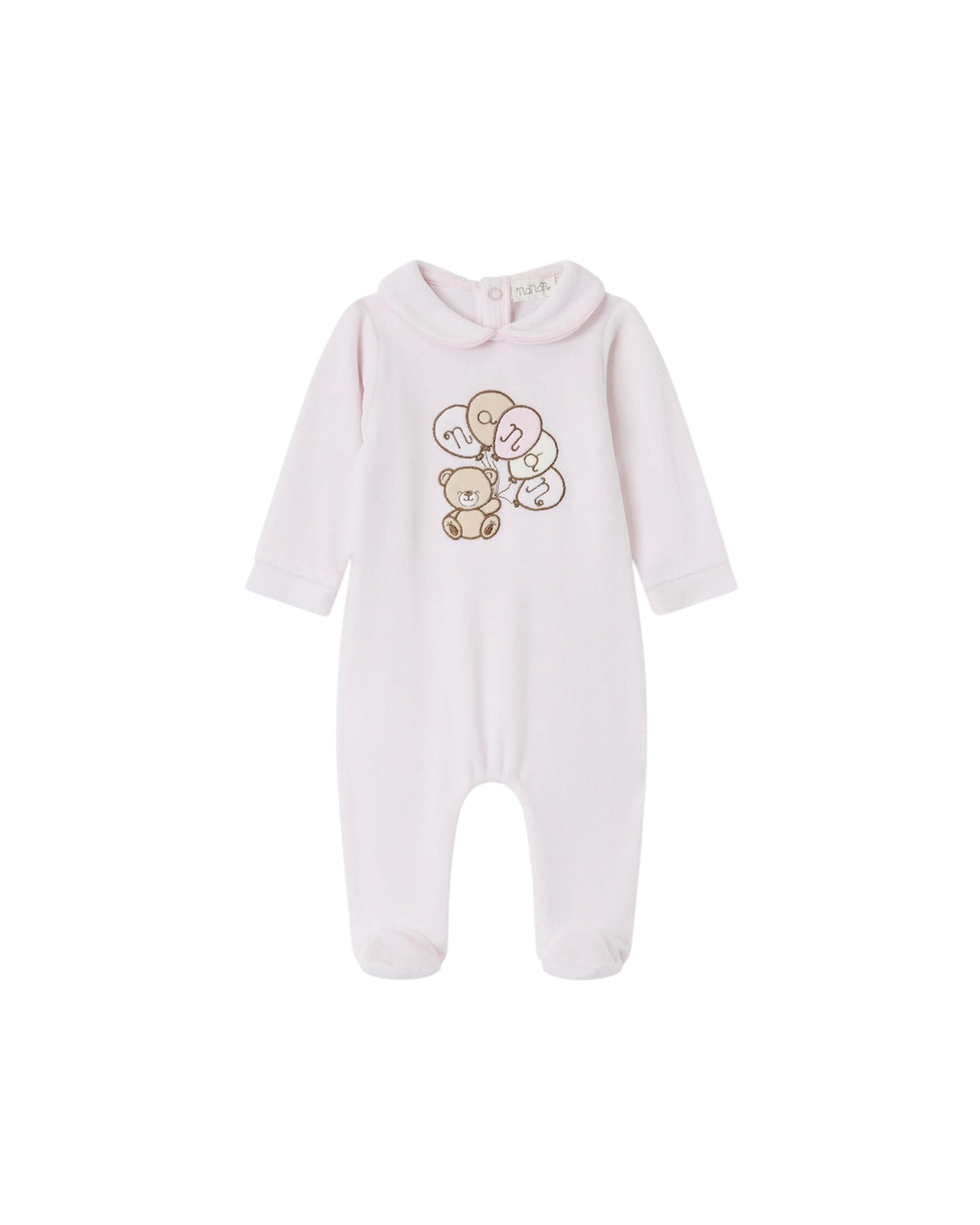 Tutina in ciniglia rosa con patch orsetto con palloncini e logo Nanan frontale