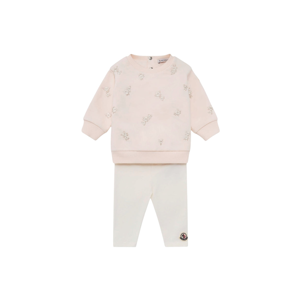 Completo felpa rosa e leggings bianco con ricami e patch logo Moncler