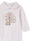 Tutina in ciniglia rosa con patch orsetto con palloncini e logo Nanan frontale