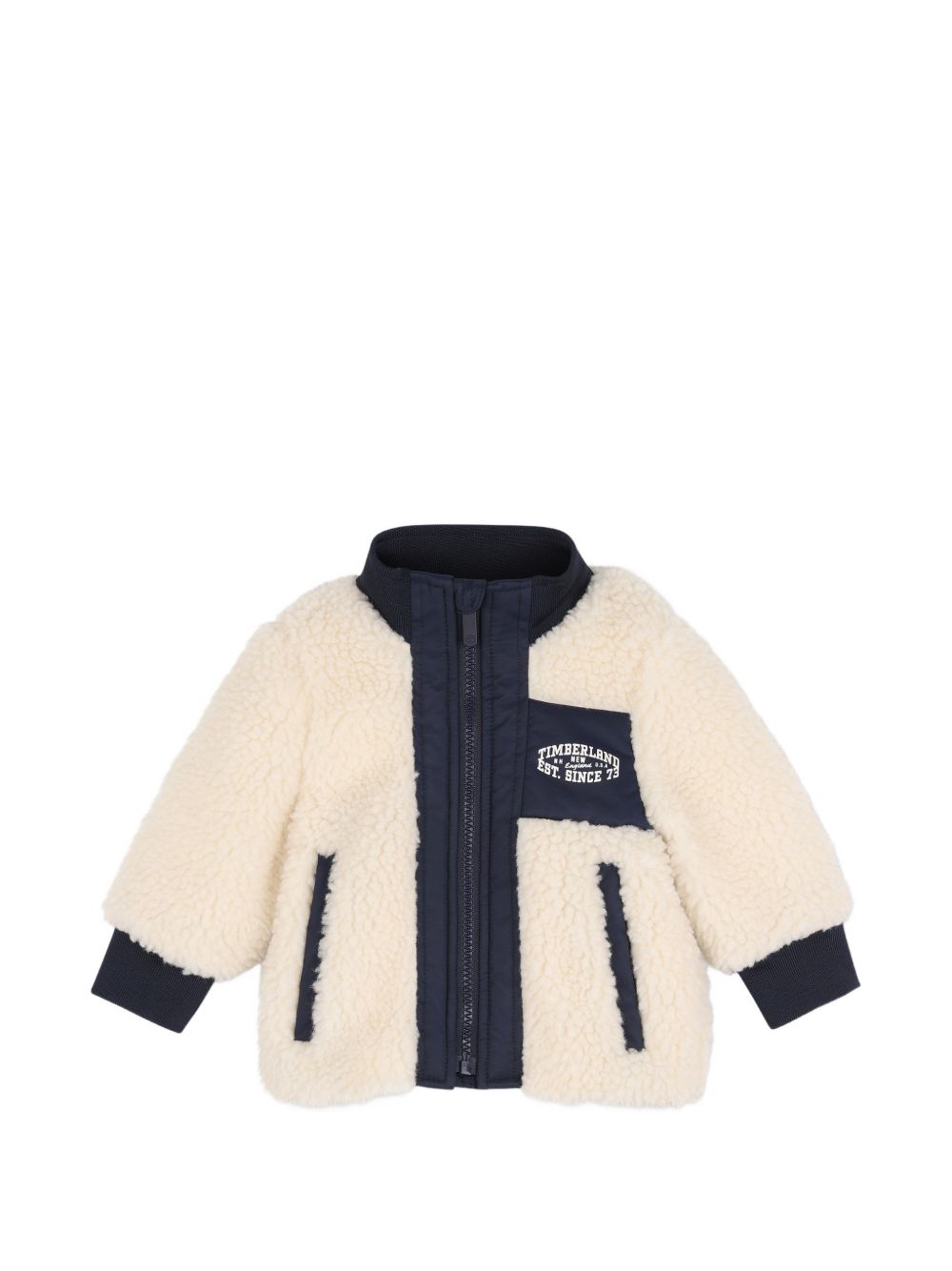 Felpa teddy panna con dettagli blu e logo stampa logo Timberland frontale